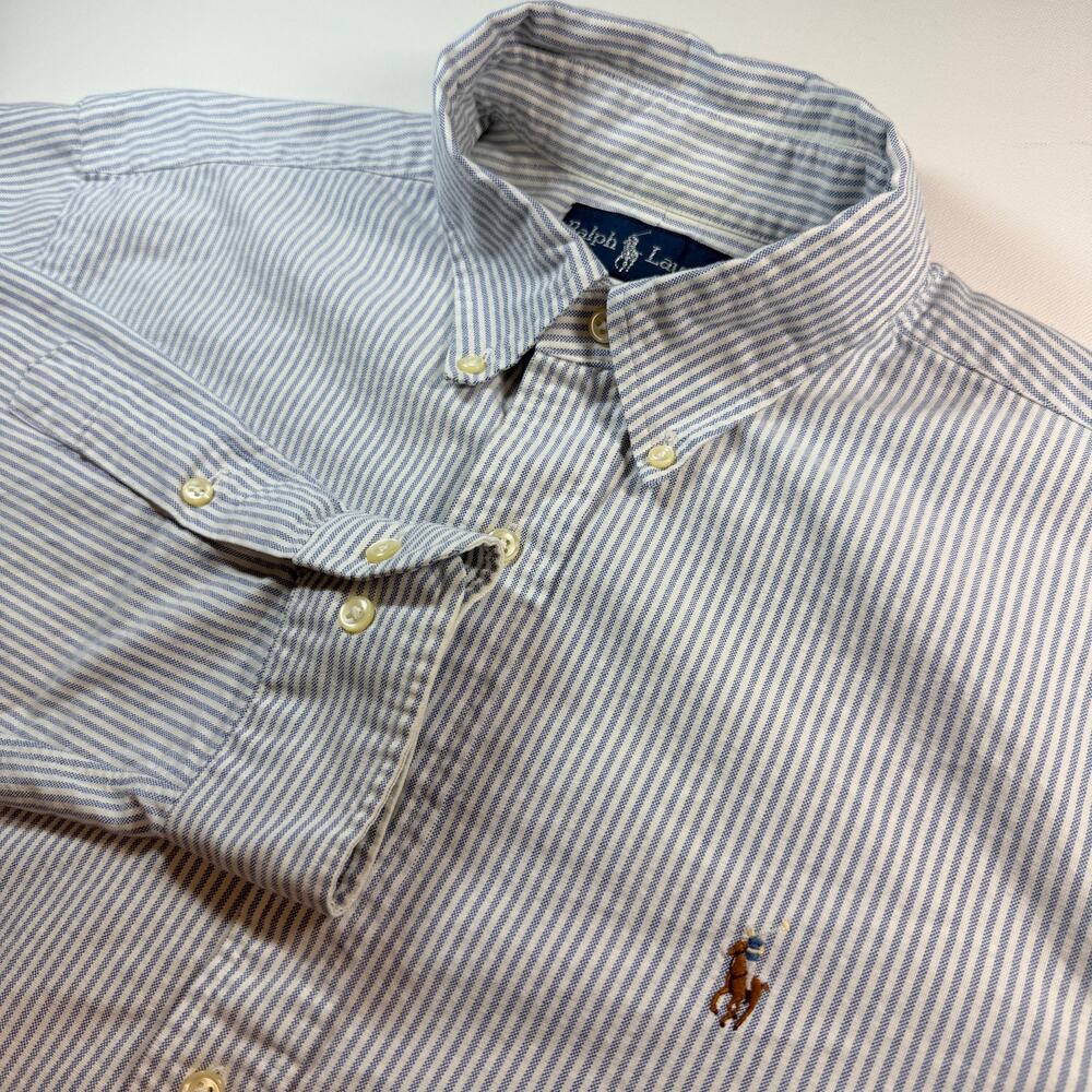 Ralph Lauren Shirt Mens L 16 34/35 Blue White Oxford Stripe Flesh Pony Classic